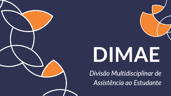 Banner azul escuro com ornamentos gráficos branco e laranja da DIMAE Divisão Multidisciplinar de Assistência ao Estudante